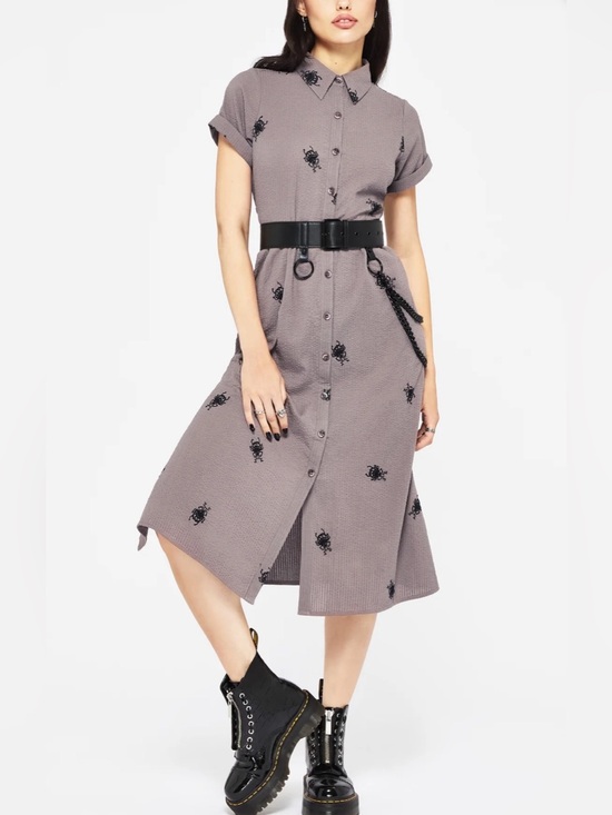 Disturbia Dresses & Skirts - NWT Disturbia Stag Beetle Embroidered Taupe Button Midi Shirt Dress Goth US10